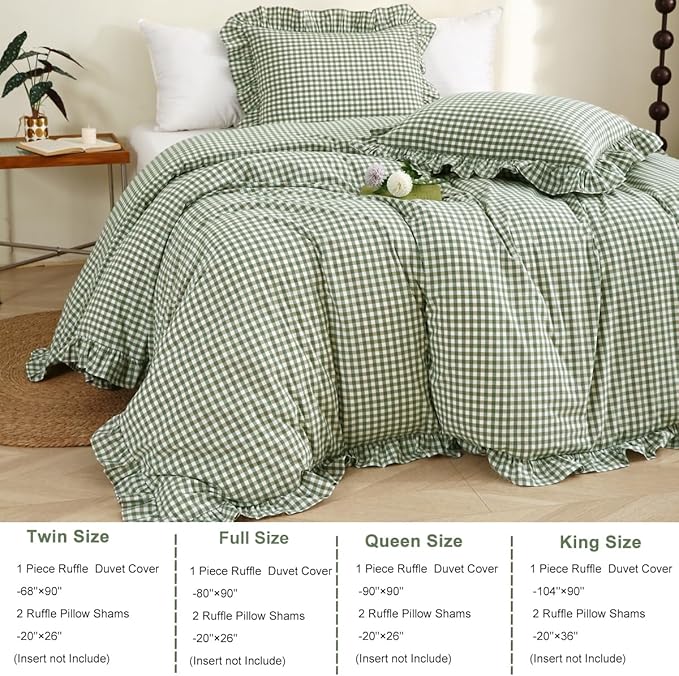 Silnuo Sage Green/White Plaid Ruffle Duvet Cover King Size, 100% Washed Cotton - Image 4