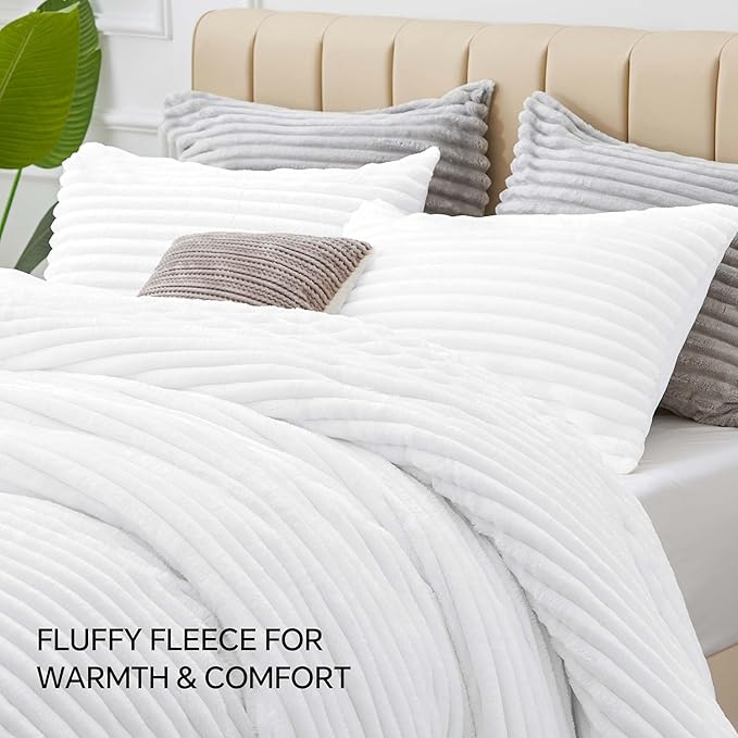 BEDELITE Fleece King Comforter Set -Super Soft & Warm Fluffy Bright White - Image 8