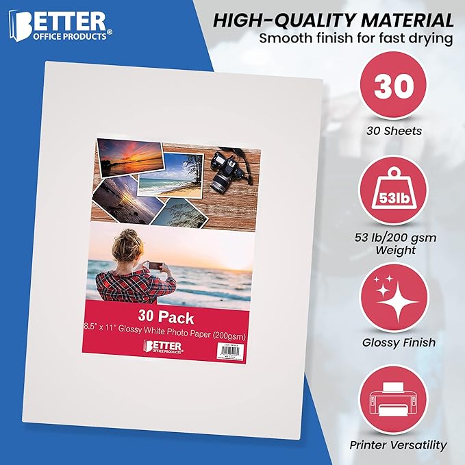 Better Office Products Glossy Photo Paper, 8.5 x 11 Inch, 30 Sheets, 200 gsm, Letter Size, 30-Count Pack-DeskoryOffice