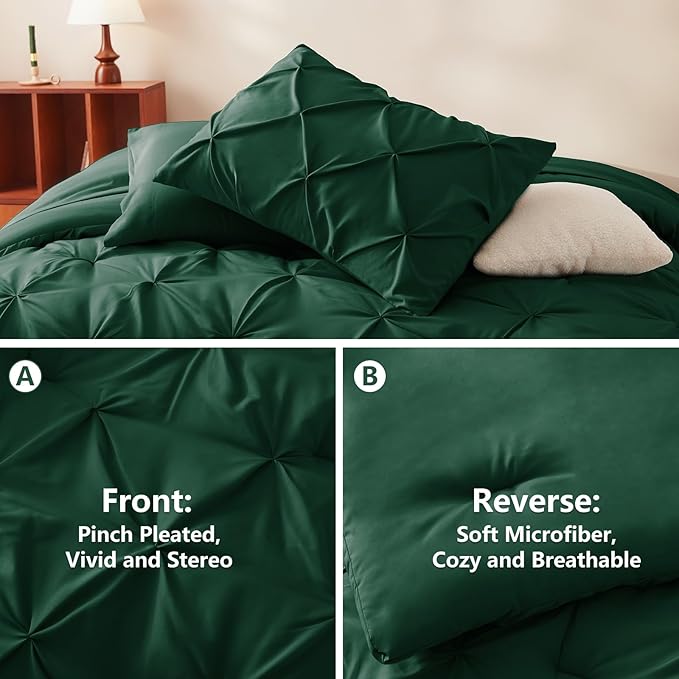 HIMEET Pintuck Bed in a Bag, 7 Pieces Queen Size Comforter Set Emerald Green - Image 3