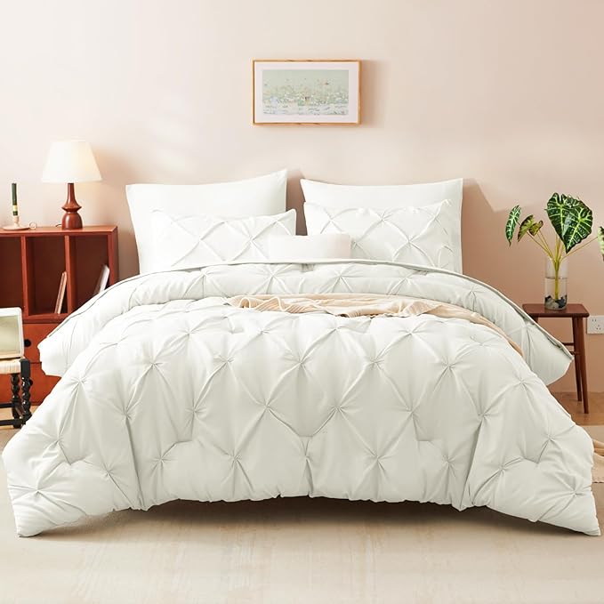 CozyLux Full Size Comforter Sets Ivory, 7 Pieces Pintuck Bed in A Bag Ivory - Image 8