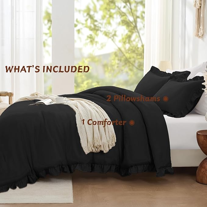 FUANNA King Size Comforter Set Black, 3 Pieces Ruffle King Bedding Set - Image 5