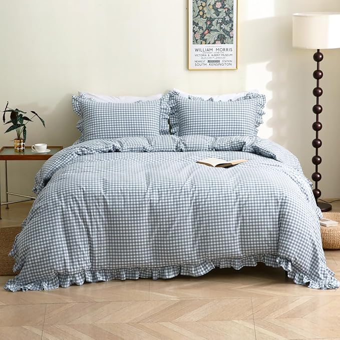 Silnuo Light Blue/White Plaid Ruffle Duvet Cover Full Size, 100% Washed Cotton by Silnuo