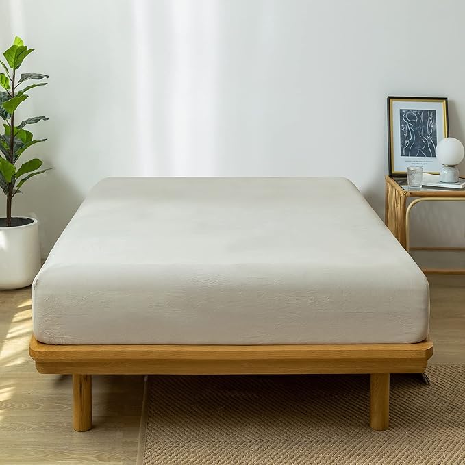 MooMee Fitted Bottom Sheet Only 100% Washed Cotton Linen Like Textured Breathable Durable Soft Comfy Deep Pocket Fits Mattress up to 17" (Cream Grey, California King)