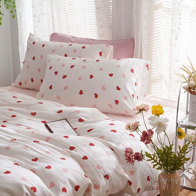 Nayoroom Heart Duvet Cover Set Queen Size Red Pink Hearts Printed on White - Image 3