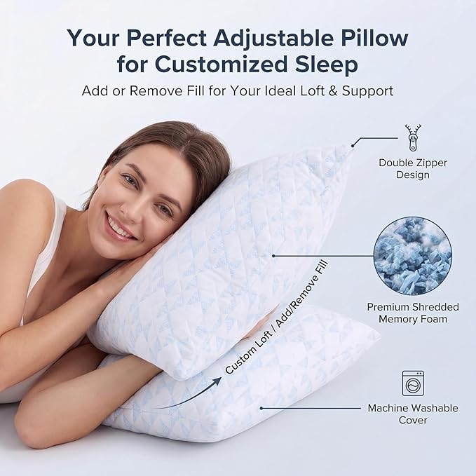 Meoflaw Adjustable Memory Foam Bed Pillows:Queen Size Shredded Foam Pillow Set - Image 2