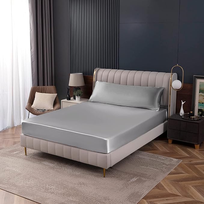 Homiest Light Grey Satin Fitted Sheet Twin XL Size, Deep Pocket, Luxury & Ultra - Image 8