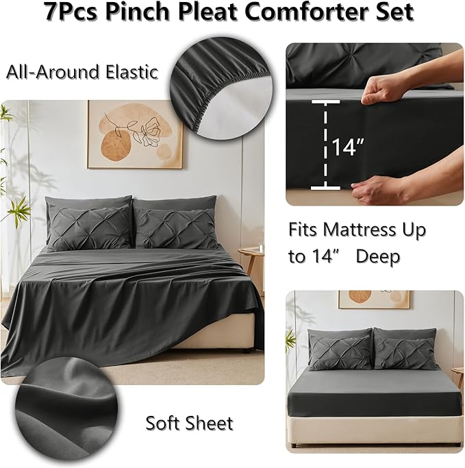 HIMEET Pintuck Bed in a Bag, 7 Pieces Full Size Comforter Set Dark Grey - Image 6