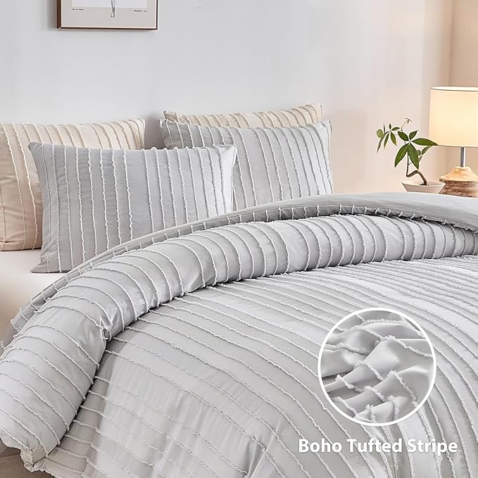 WARMDERN King Boho Duvet Cover Set, Light Grey Striped Microfiber 3pcs Bedding - Image 2