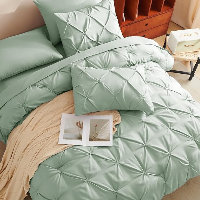 CozyLux King Size Comforter Set Sage Green, 7 Pieces Pintuck Bed in A Bag Green - Image 4