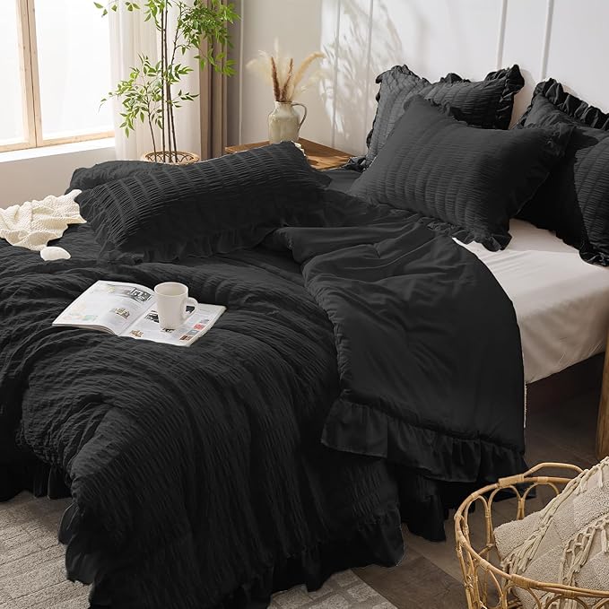 JOLLYVOGUE Black Queen Comforter Set, 3 Pieces Seersucker Comforters Queen Size - Image 7