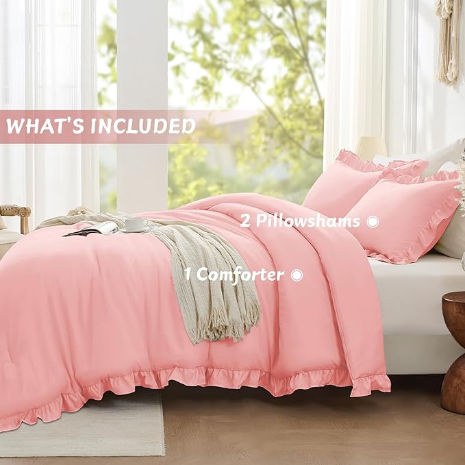 FUANNA Full Size Comforter Sets Pink, 3 Pieces Ruffle Full Size Bedding Sets - Image 7