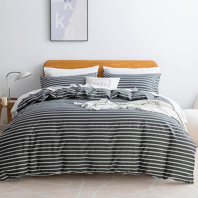 JELLYMONI 100% Natural Cotton 2pcs Striped Duvet Cover Sets, Dark Grey Duvet by JELLYMONI