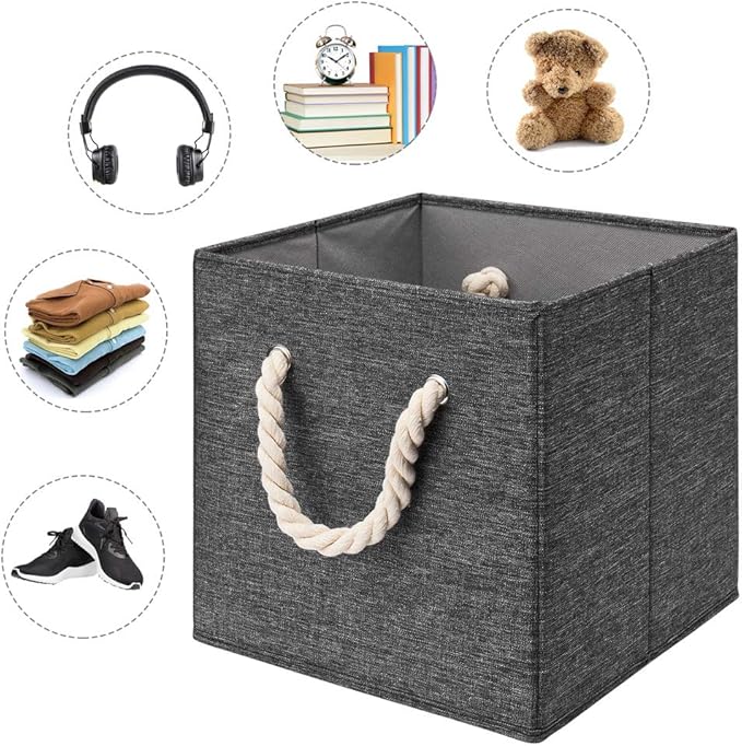 10.5 Inch Fabric Storage Boxes Bins and Cubes - Foldable Storage Basket with Grey Inserts, Package of 6-DeskoryOffice