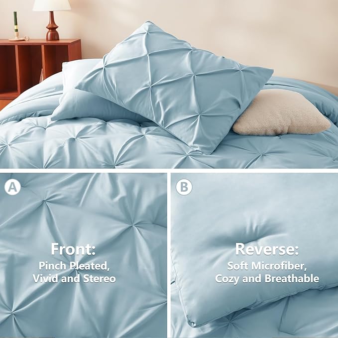 HIMEET Pintuck Bed in a Bag, 7 Pieces King Size Comforter Set Light Blue - Image 3