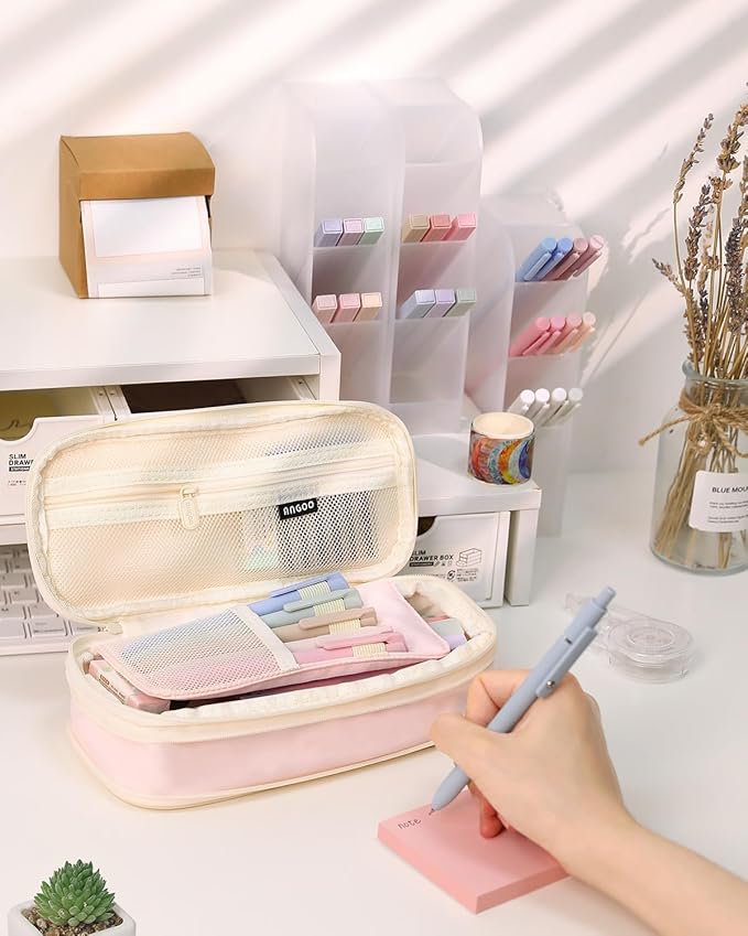 SKYDUE Cute School Supplies 44 PCS, Aesthetic Pencil Case with 12 Pastel Highlighters, 5 Black Gel Pens, 6 Color Gel Pens & Mechanical Pencils, College Essentials Students Stationary Set Pink-DeskoryOffice