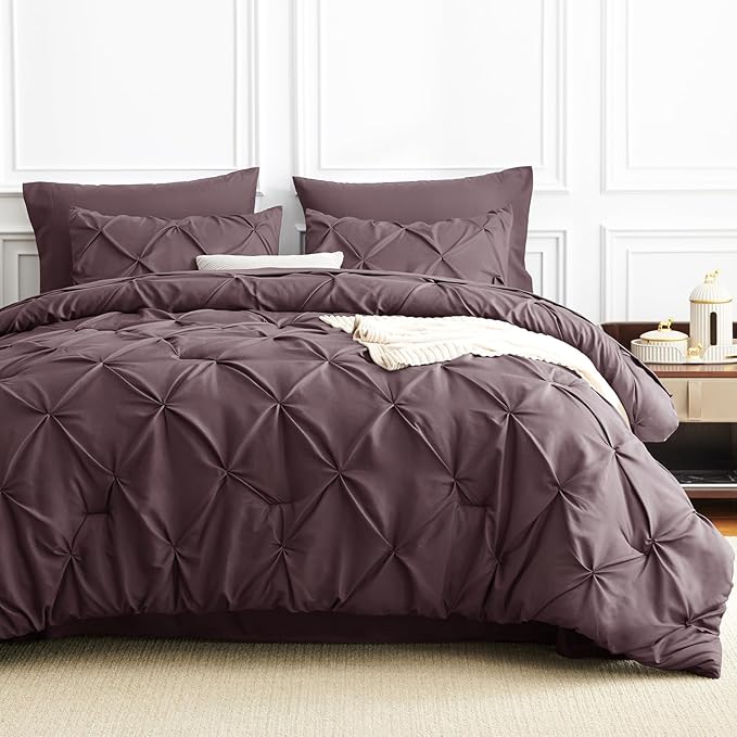 CozyLux Queen Comforter Set Cocoa Powder, 7 Pieces Pintuck Bed in A Bag - Image 9