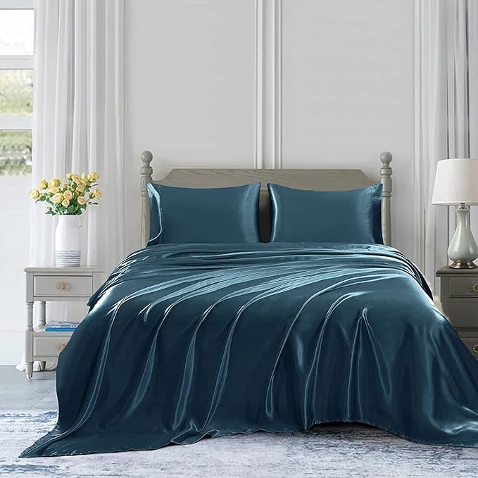 Homiest Deep Sea Blue Satin Queen Bedding Set, Luxury & Ultra Soft Top & Flat - Image 5