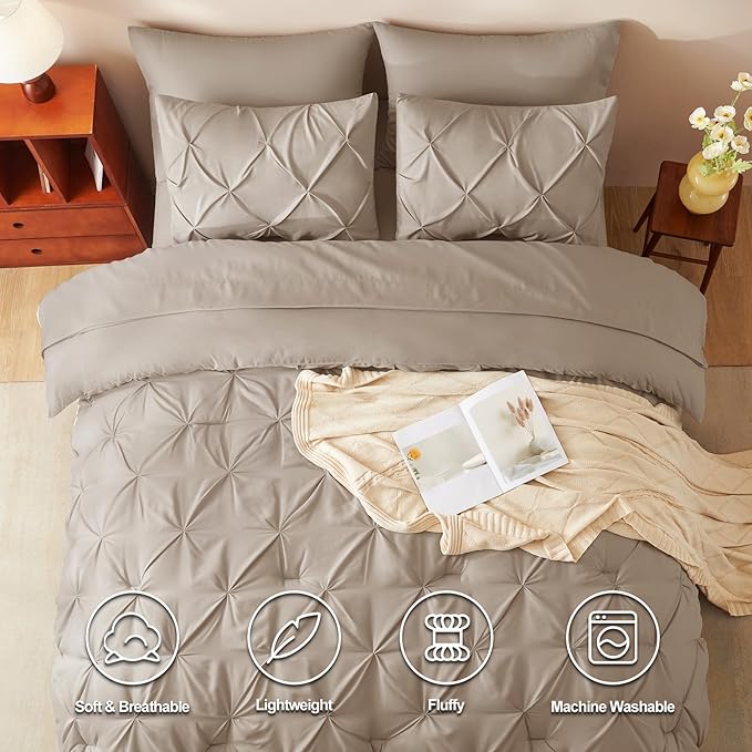 CozyLux Queen Comforter Set Khaki, 7 Pieces Pintuck Bed in A Bag, Premium Khaki - Image 2