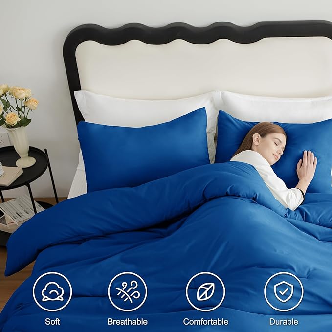 CozyLux King Size Comforter Set Classic Blue, 3 Pieces Solid Comforters King - Image 5