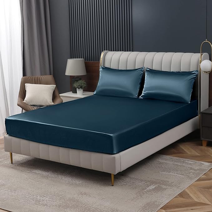 Homiest Deep Sea Blue Satin Fitted Sheet by Homiest