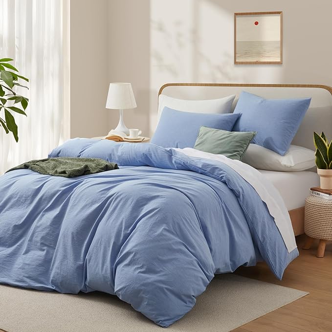 LOVQUE Light Blue Cotton Duvet Cover King Size, Linen Like Natural Bedding Set - Image 2