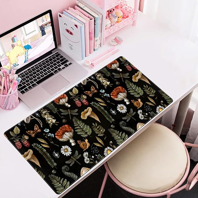 Black Mouse Pad Cottage Core Aesthetic Mouse Pads Mushroom Desk Pad Vintage Mouse Pad Forest Magic Nature Large Desk Pad Ergonomic Mouse Pads with Stitched Edges Non-Slip Computer Mat 31.5x15.7 in-DeskoryOffice