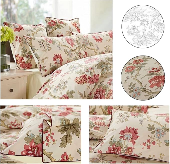 mixinni Garden Style 3 Pieces Red Flower Leaf Pattern Duvet Cover Set Queen - Image 7