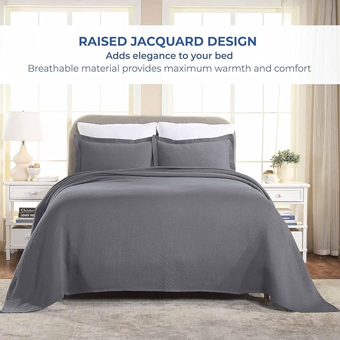Superior 2 Piece Basketweave Cotton Bedspread Set, Home Bed Decor, Decorative Bed Spread, 1 Pillow Sham, Medium Weight Blanket, Matelasse Coverlet Bedding, Geometric Lattice Pattern, Twin, Grey