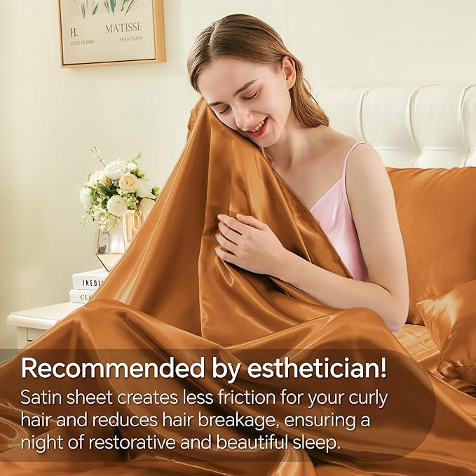 BEDELITE Satin Sheets Twin Size Bed Set, Luxury Soft Burnt Orange Silky Sheets - Image 4