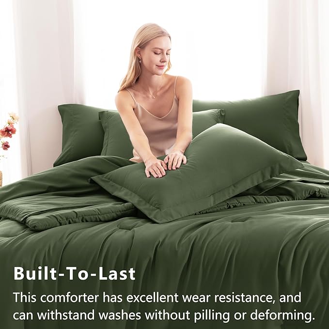 CozyLux King Size Comforter Set Olive Green, 7 Pieces Bed in a Bag King - Image 3