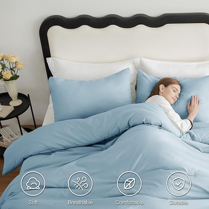 CozyLux Full Size Comforter Set Light Blue, 3 Pieces Solid Breathable Quilted - Image 5