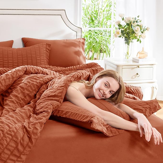 CozyLux Oversized King Comforter Set Burnt Orange Seersucker 7 Pieces 120x98 - Image 3