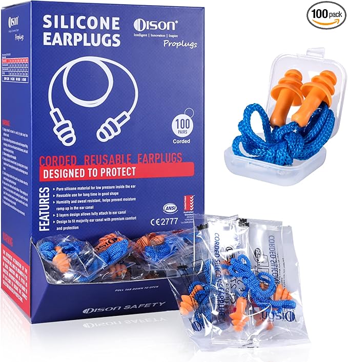 Dison 100Pairs Silicone Ear Plugs, 32dB Corded Reusable Earplugs by Dison