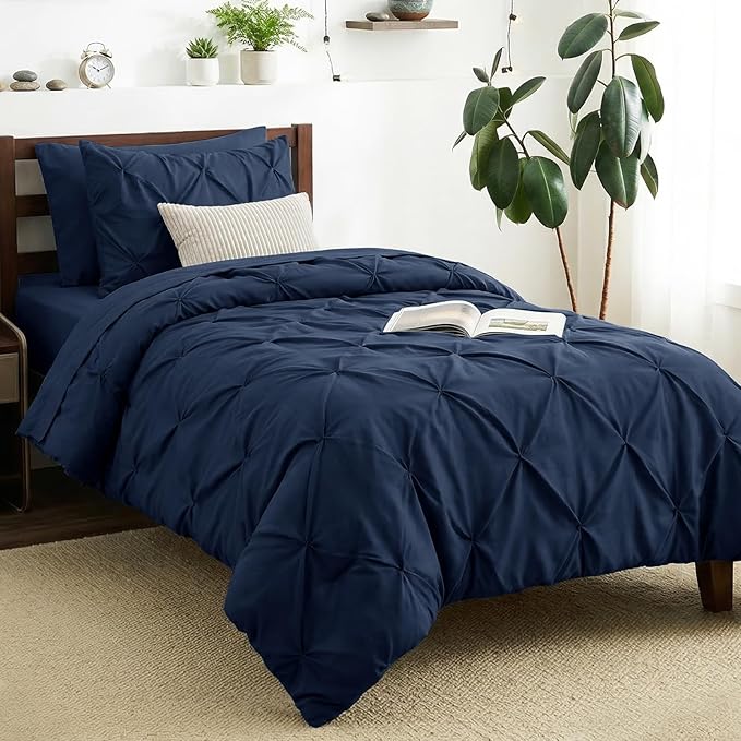 CozyLux Twin XL Comforter Set Navy Blue, 5 Pieces Twin Extra Long Pintuck Bed by CozyLux