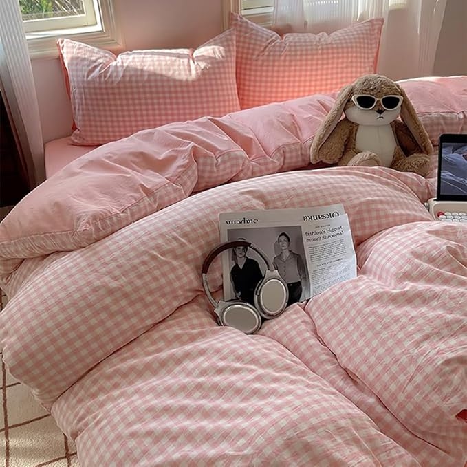 Nayoroom Pink Gingham Duvet Cover Queen Size Reversible Plaid Checkered Duvet - Image 2