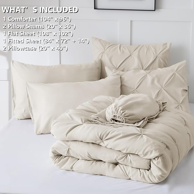 HIMEET Pintuck Bed in a Bag, 7 Pieces California King Comforter Set Beige - Image 8