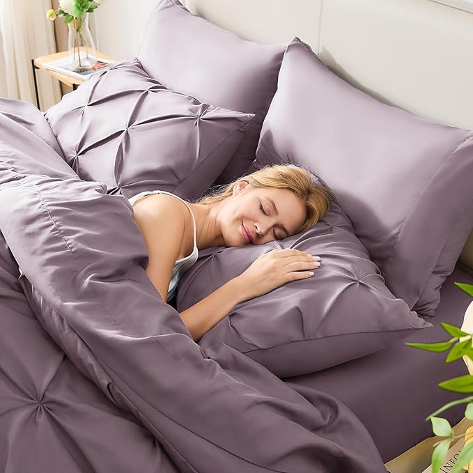 HIMEET Pintuck Bed in a Bag, 7 Pieces Full Size Comforter Set Dusty Purple - Image 7