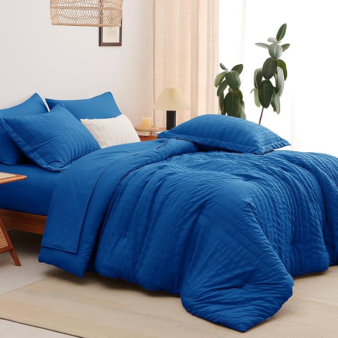 CozyLux Queen Comforter Set Classic Blue Seersucker 7 Pieces Bed in a Bag Queen - Image 8