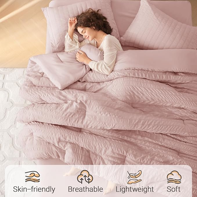 MUXHOMO 7 Pieces California King Comforter Set, Seersucker Bed in a Bag Cal - Image 2