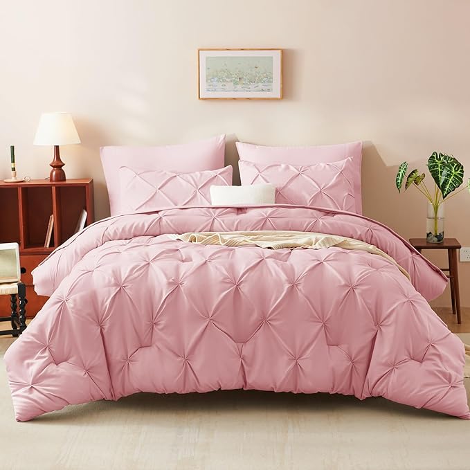 CozyLux King Size Comforter Set Pink, 7 Pieces Pintuck Bed in A Bag Pink - Image 9