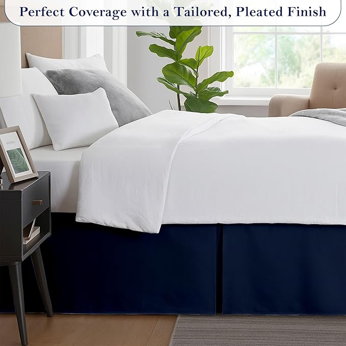 King Bed Skirt, Luxury 12 Inch Drop Navy Blue Pleated Bed Skirt, Double Brushed Microfiber, Box Pleat Design, Wrinkle & Fade Resistant, Easy Fit Tailored Bedskirt for King Size Beds