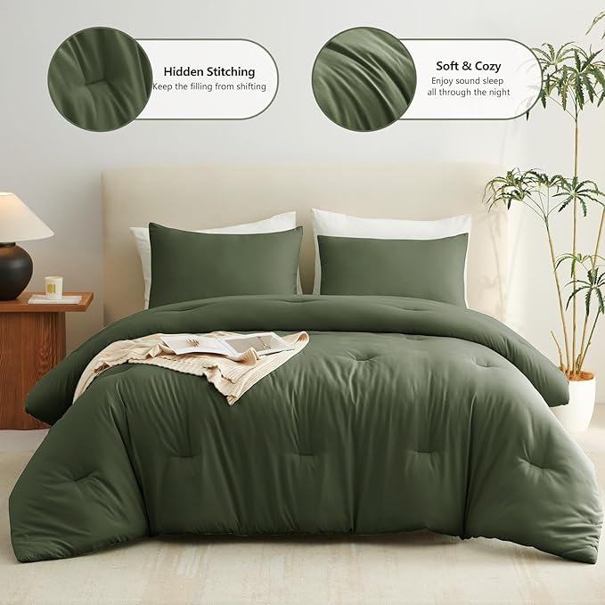 CozyLux Full Size Comforter Set Olive Green, 3 Pieces Solid Breathable Quilted - Image 2