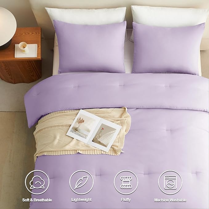 CozyLux Lavender King Size Comforter Set, 3 Pieces Light Purple Solid - Image 5