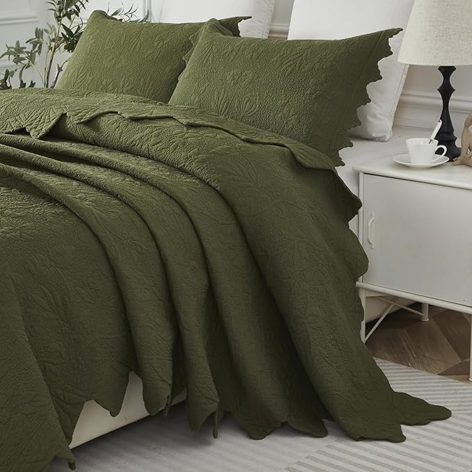 Brandream Olive Green Floral Vine Cotton Quilt Set King Size Luxury Scalloped by Brandream