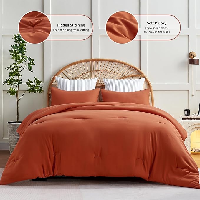 CozyLux California King Comforter Set Burnt Orange, 3 Pieces Cal King - Image 3