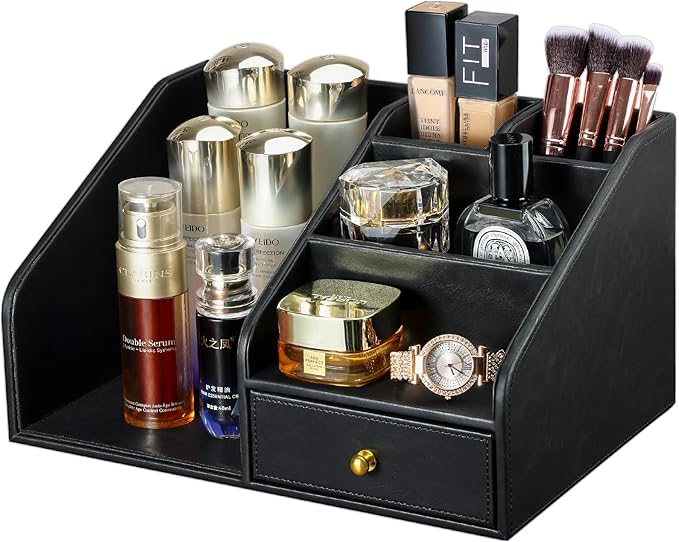 KINGFOM PU Leather Desk Organizer, Multifunction 6 Compartment Desk Organizers and Accessories for Office Supplies, Pen Pencil Holder/Book Mail Organizer Holder for Desk with Drawer(Black)-DeskoryOffice