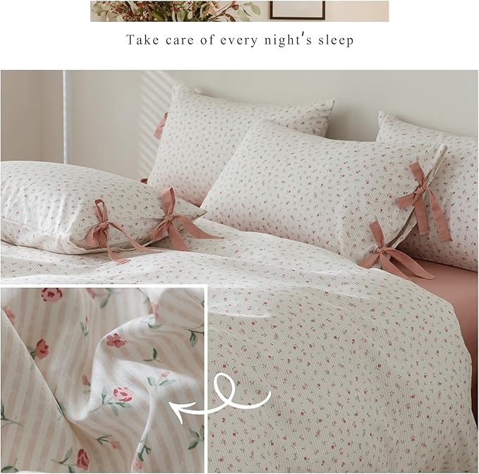 mixinni White Flower Pattern Duvet Cover Twin XL Pink Floral Stripes Duvet - Image 7
