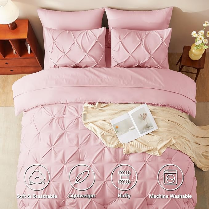 CozyLux King Size Comforter Set Pink, 7 Pieces Pintuck Bed in A Bag Pink - Image 2