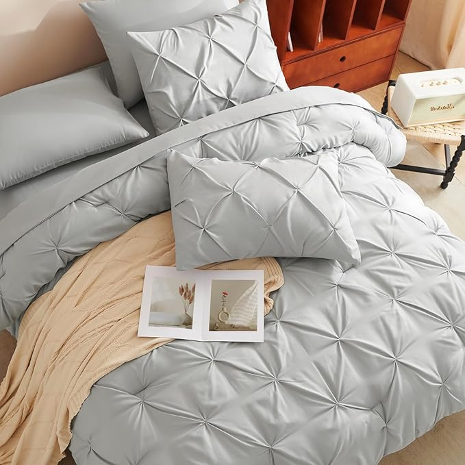 CozyLux Twin XL Comforter Set Light Grey, 5 Pieces Twin Extra Long Pintuck Bed - Image 4